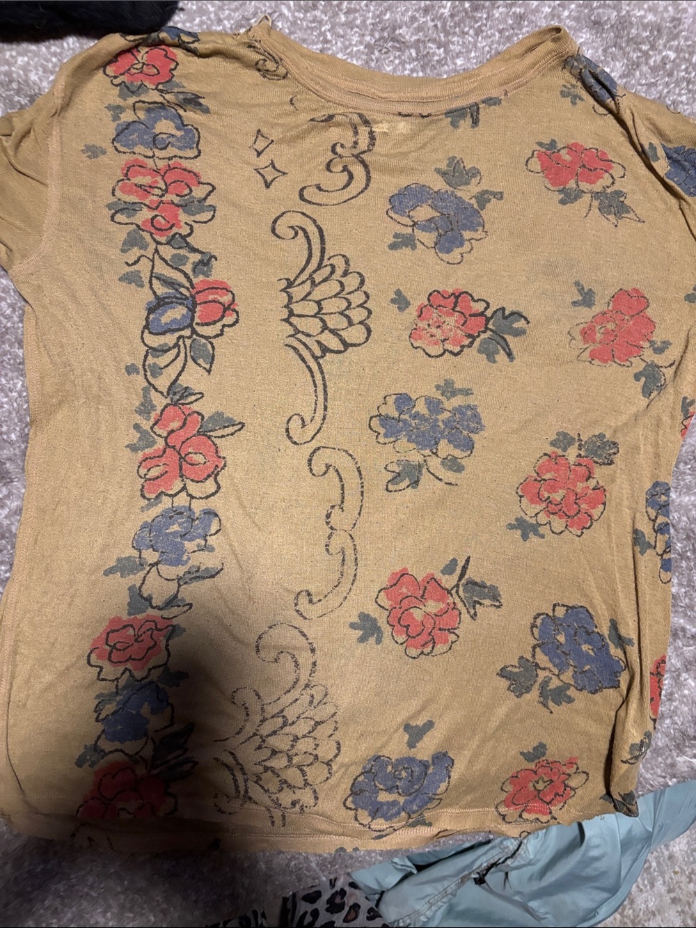 Free People unique Floral Print Lightweight t-shirt in Mustard red & blue flower